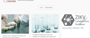 Print da página inicial do site da Fiocruz Minas, com miniaturas de três reportagens e logomarca da instituição no topo da imagem. 