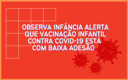 Imagem com fundo laranja e texto branco escrito: "Observa Infância alerta que vacinação infantil contra covid-19 está com baixa adesão"